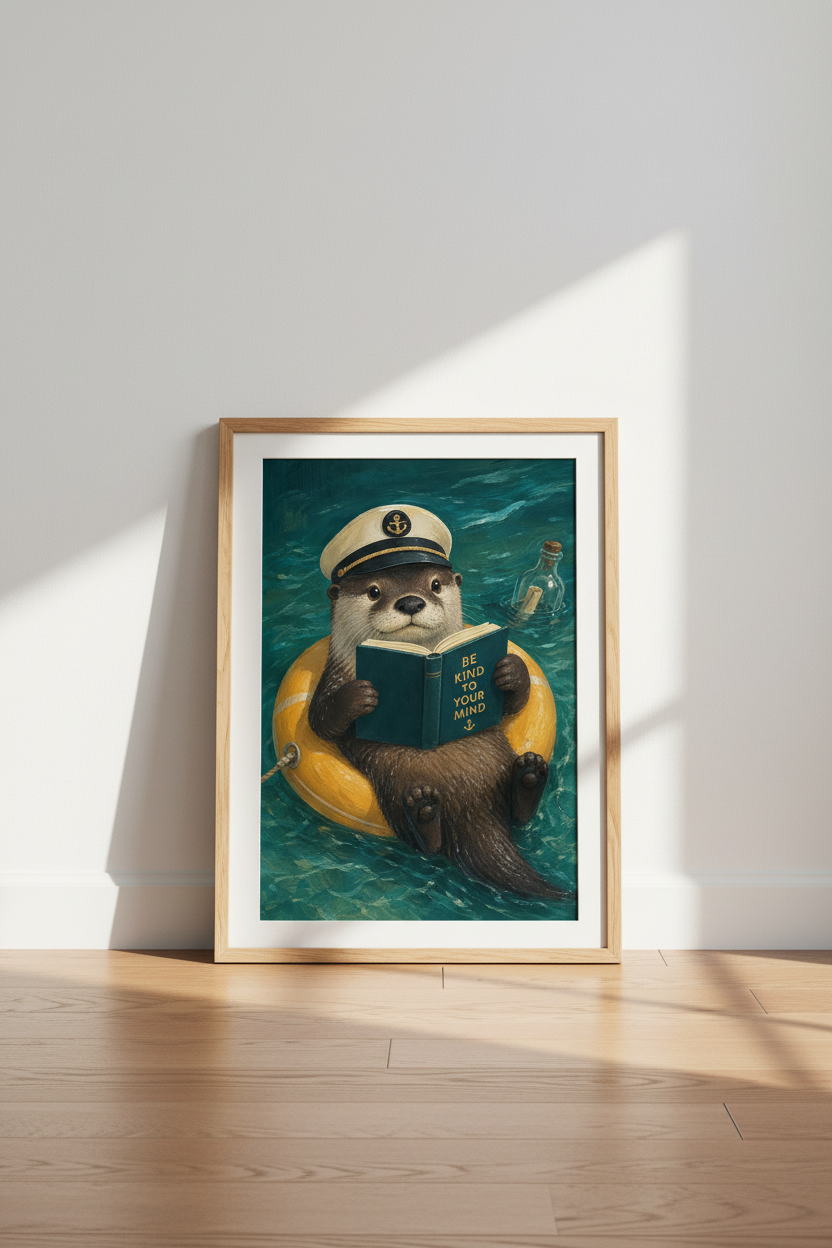 Otter Nautical Wall Art Print | Reading Captain Nursery Decor | Whimsical Animal Poster