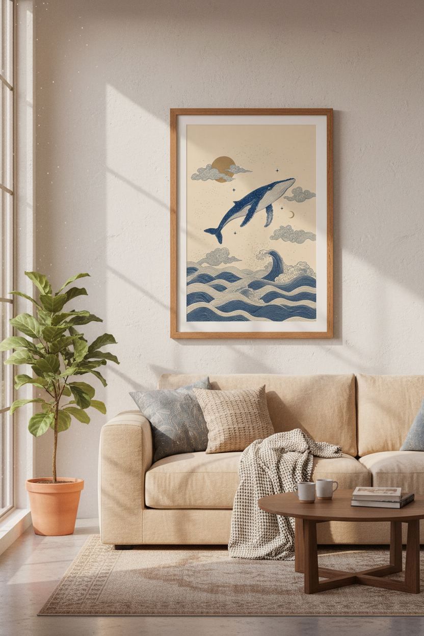 Celestial Whale Wall Art | Indigo Blue Ocean Waves, Starry Sky Nursery Decor