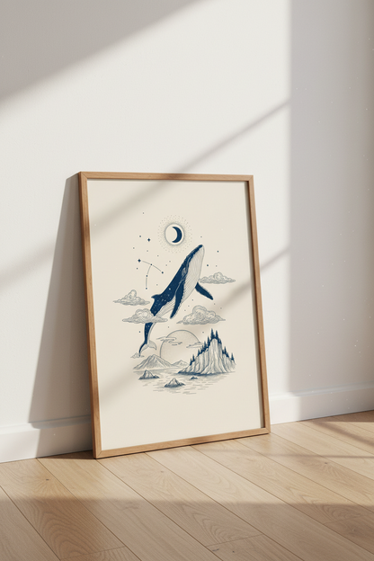 Celestial Whale Wall Art | Navy Blue Moon &amp; Stars Decor | Nautical Minimalist Poster
