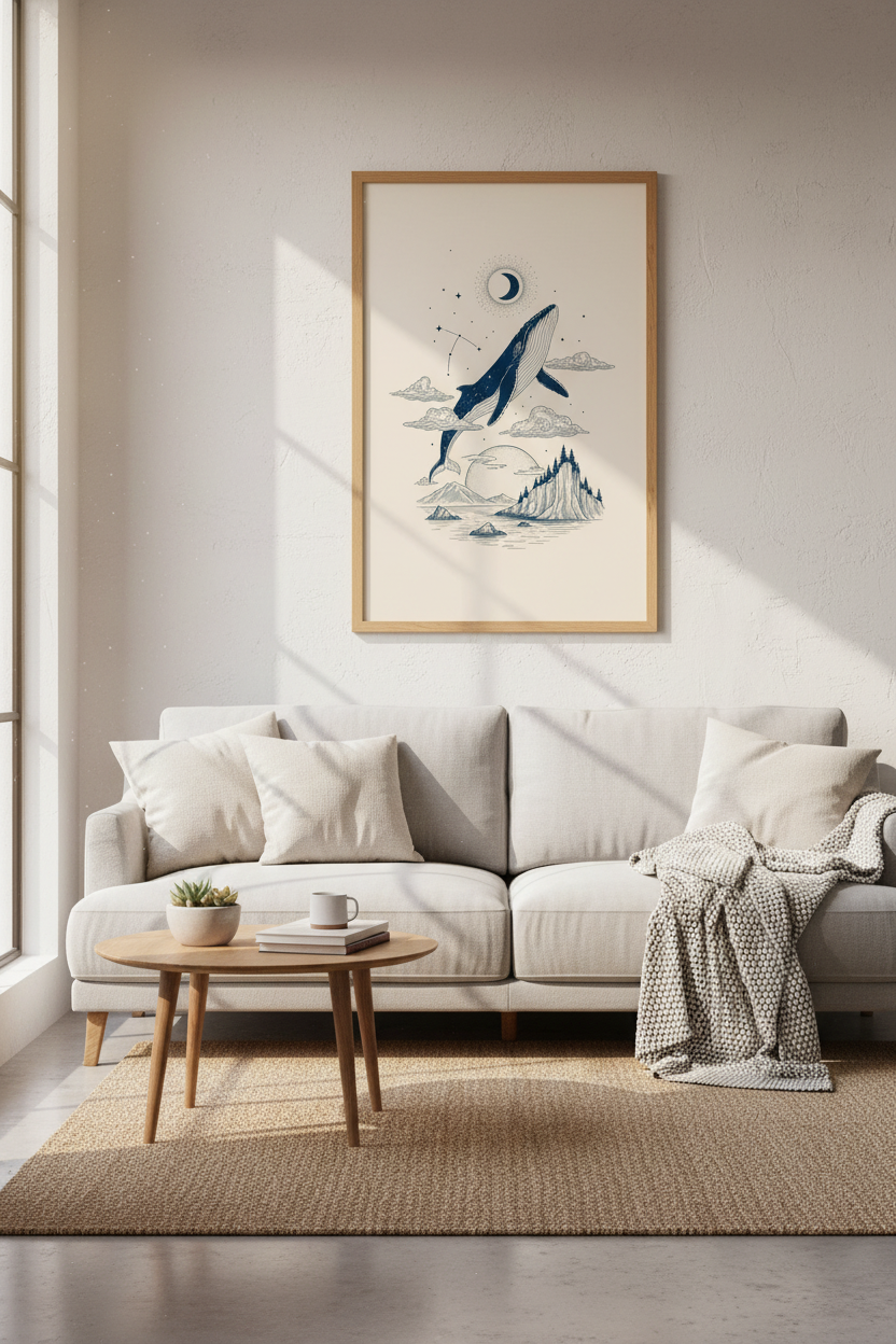 Celestial Whale Wall Art | Navy Blue Moon &amp; Stars Decor | Nautical Minimalist Poster