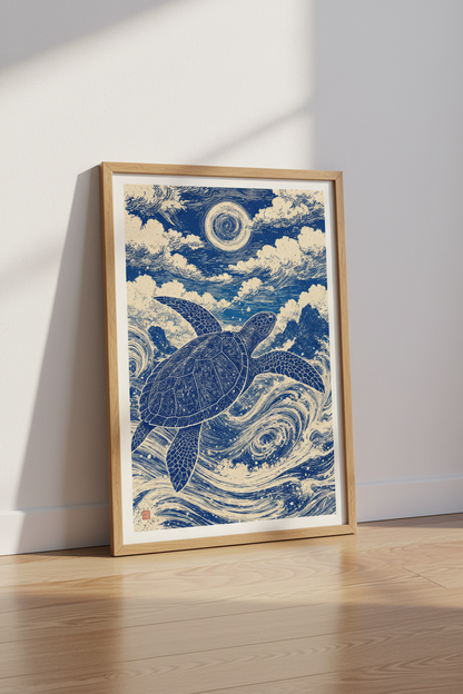 Sea Turtle Woodblock Wall Art | Indigo Blue Ocean Decor | Japanese Style Poster