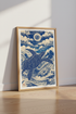 Sea Turtle Woodblock Wall Art | Indigo Blue Ocean Decor | Japanese Style Poster