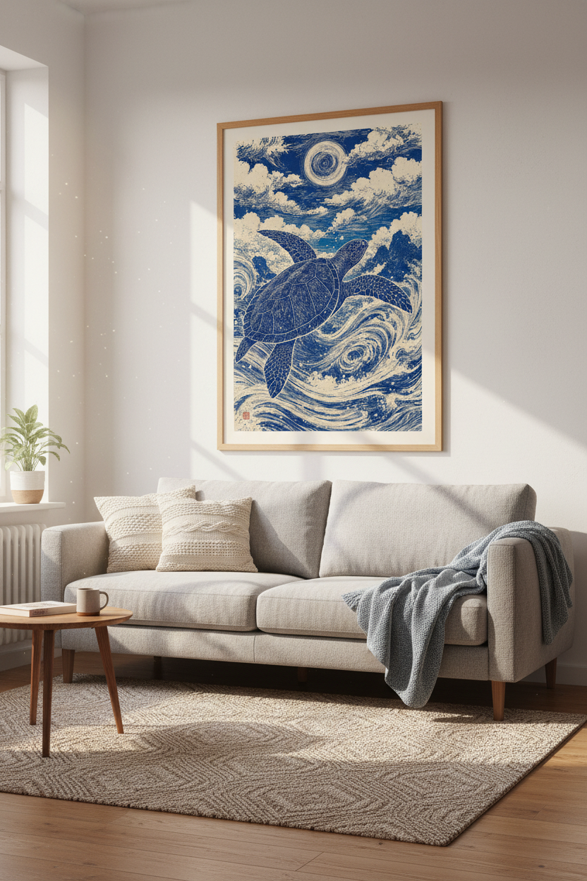 Sea Turtle Woodblock Wall Art | Indigo Blue Ocean Decor | Japanese Style Poster