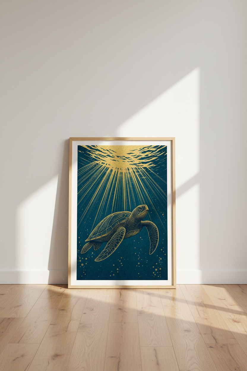 Sea Turtle Wall Art | Gold &amp; Teal Underwater Print, Coastal Bathroom Decor Poster