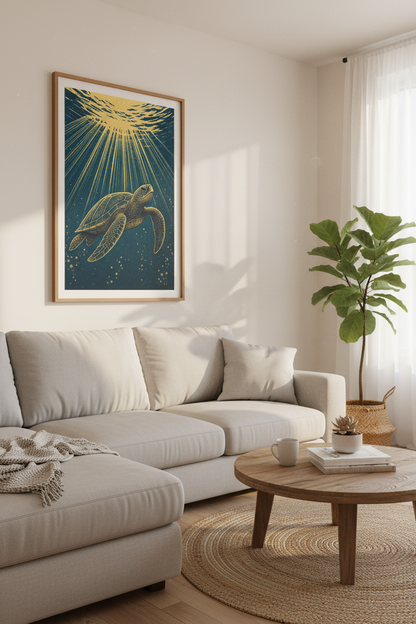 Sea Turtle Wall Art | Gold &amp; Teal Underwater Print, Coastal Bathroom Decor Poster