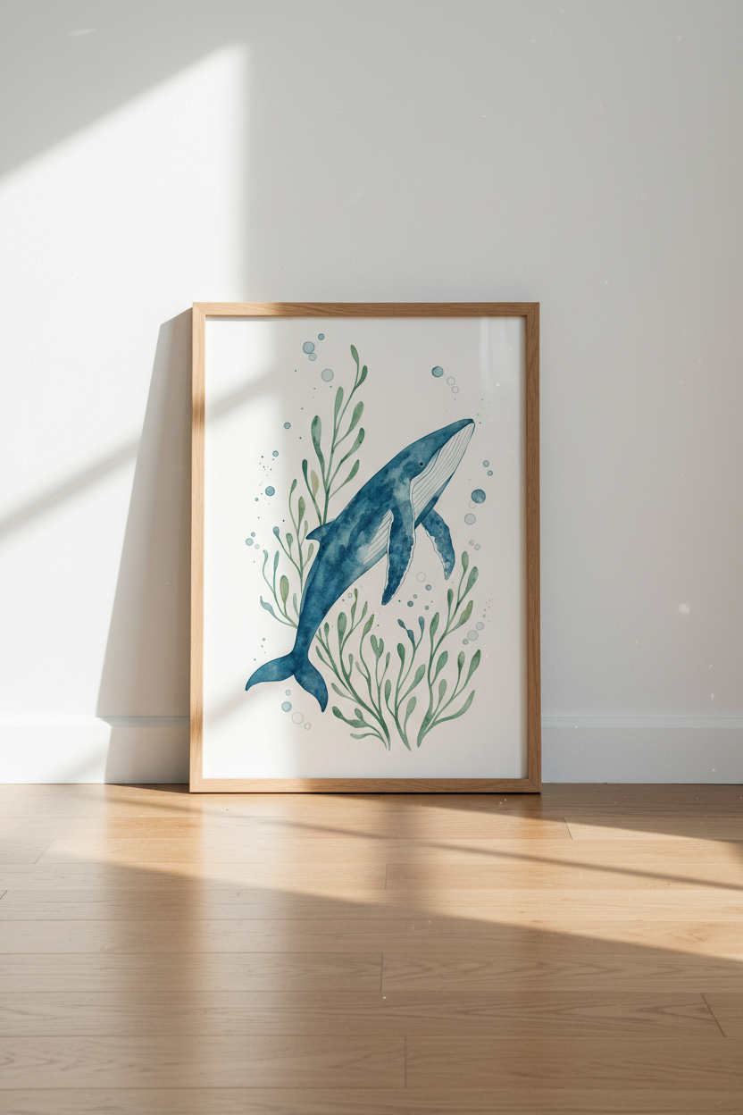 Watercolor Blue Whale Wall Art | Nursery Decor | Coastal Nautical Poster