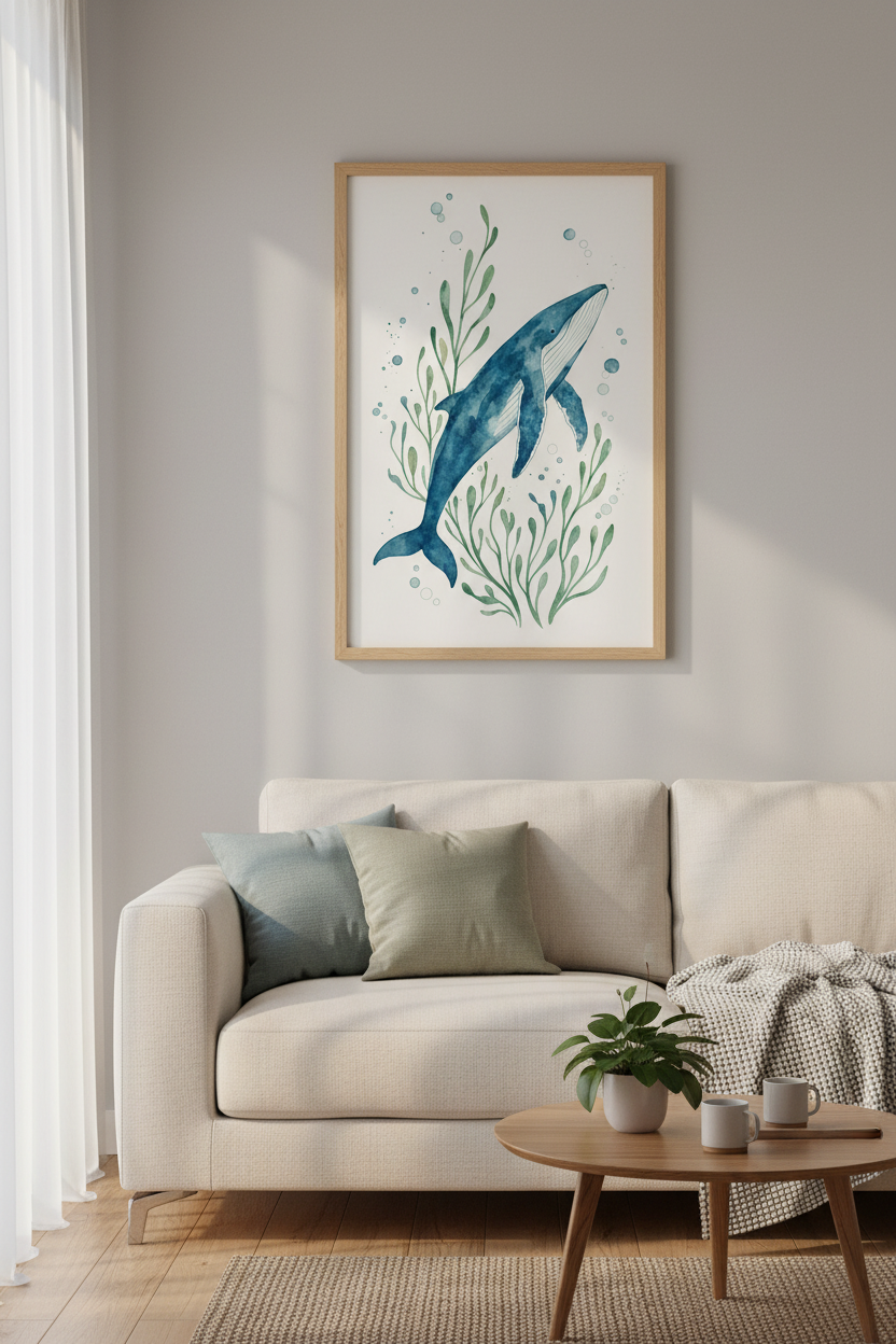 Watercolor Blue Whale Wall Art | Nursery Decor | Coastal Nautical Poster