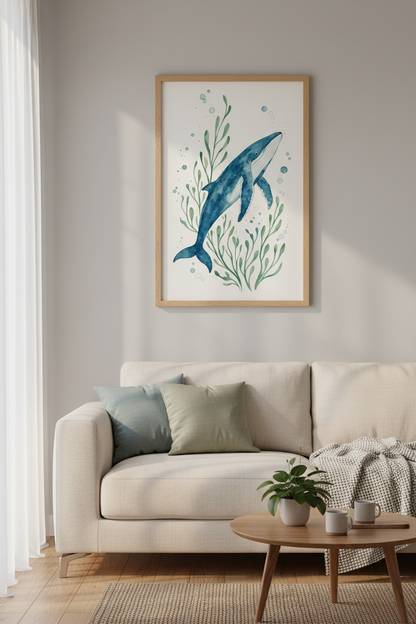 Watercolor Blue Whale Wall Art | Nursery Decor | Coastal Nautical Poster