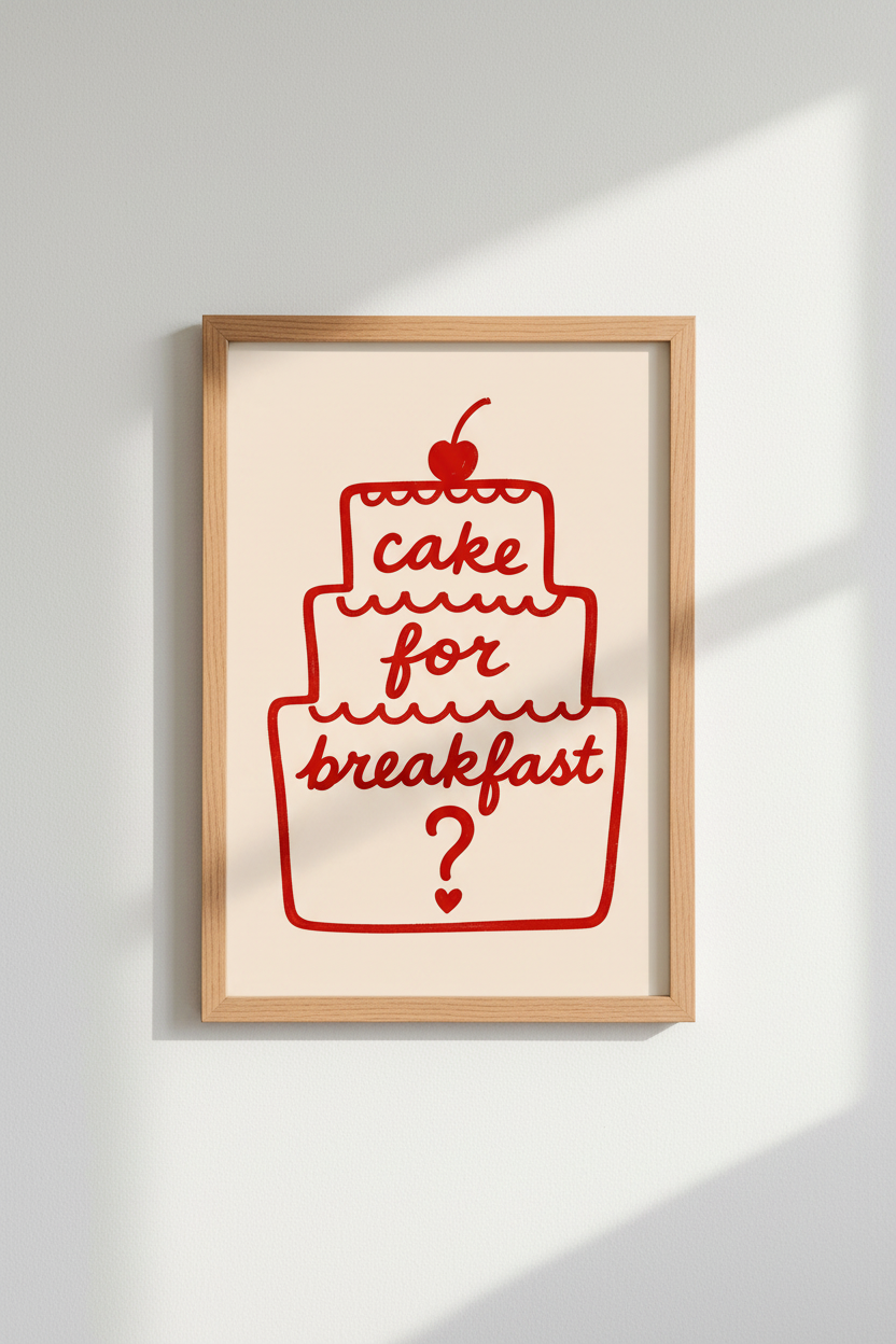 Cake for Breakfast | Red Line Art, Kitchen Decor, Modern Poster