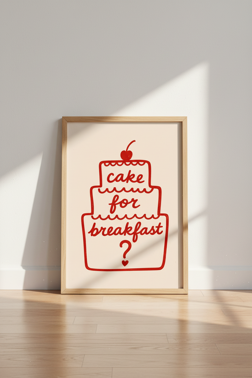 Cake for Breakfast | Red Line Art, Kitchen Decor, Modern Poster