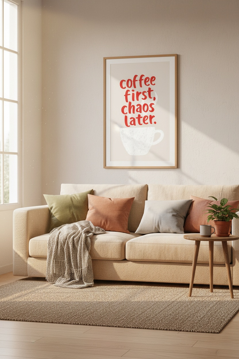 Coffee First Chaos Later Print | Modern Kitchen Wall Art | Minimalist Red Quote Poster