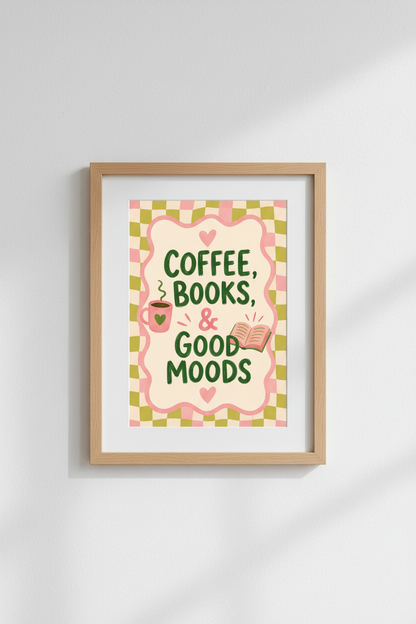 Retro Coffee and Books Poster | Pink and Green Pastel Wall Art | Kitchen &amp; Nook Decor