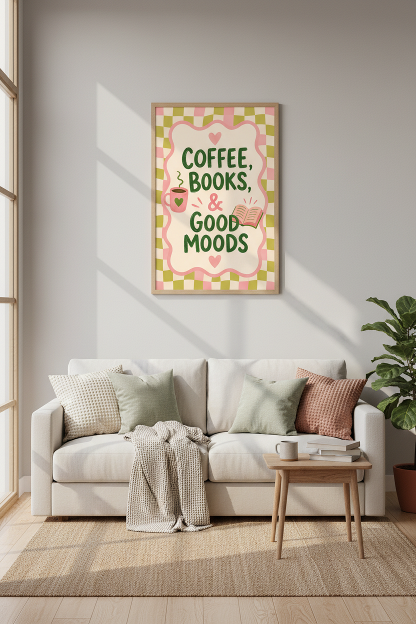 Retro Coffee and Books Poster | Pink and Green Pastel Wall Art | Kitchen &amp; Nook Decor