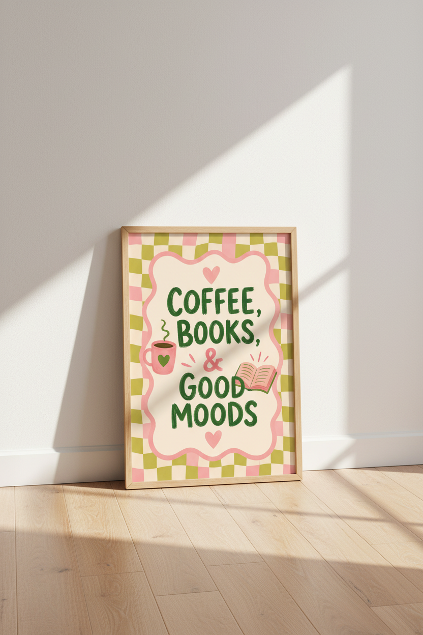 Retro Coffee and Books Poster | Pink and Green Pastel Wall Art | Kitchen &amp; Nook Decor