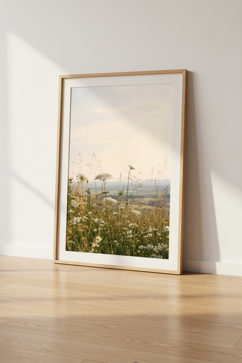 Wildflower Meadow Art | Golden Hour Nature Photography, Soft Neutral Decor