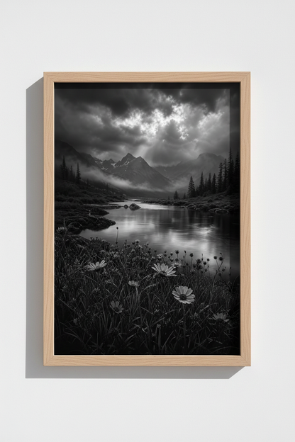 Dark Nature Landscape Print | Black and White Mountain Wall Art, Moody Lake Poster Decor