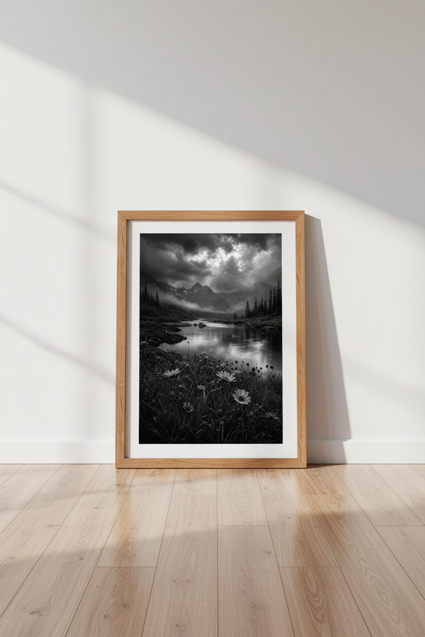 Dark Nature Landscape Print | Black and White Mountain Wall Art, Moody Lake Poster Decor