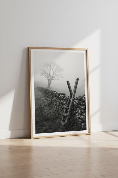 Dark Moody Landscape Print | Black and White Countryside Wall Art, Foggy Nature Poster