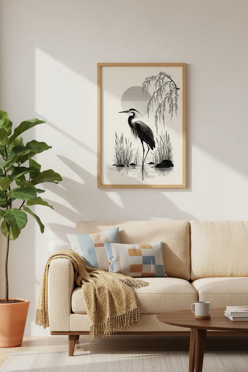 Heron Bird Wall Art Print | Minimalist Black &amp; White Nature Decor | Zen Poster