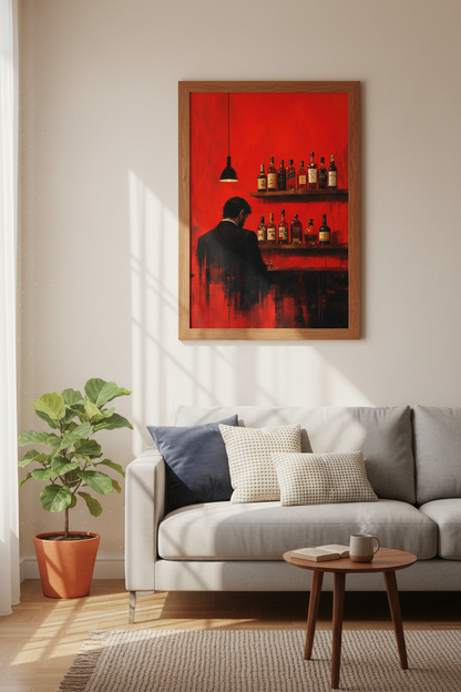 Whiskey Bar Wall Art | Moody Red Oil Painting Decor | Man Cave Poster