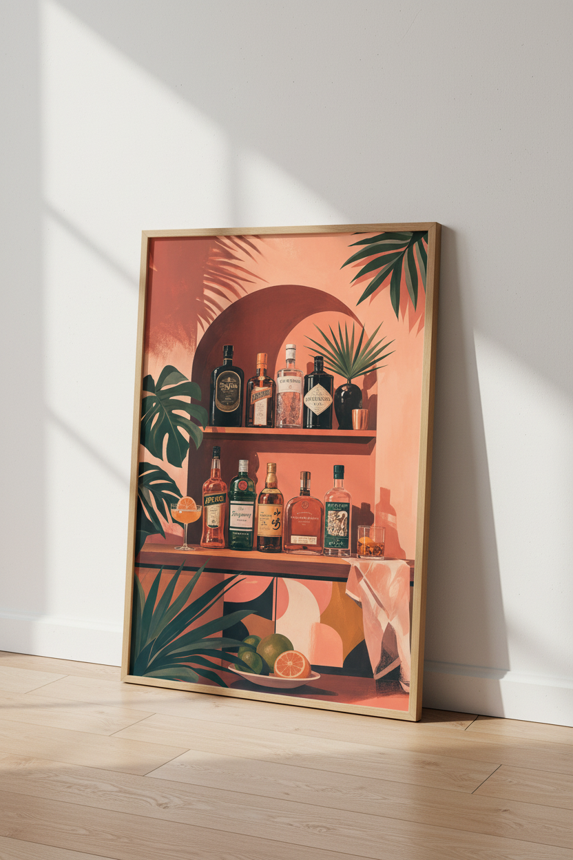 Bar Cart Spirits Wall Art | Tropical Botanical Poster | Terracotta Home Bar Decor