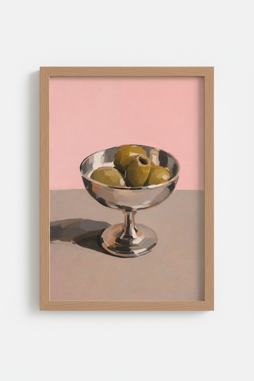 Olive Oil Painting Print | Modern Kitchen Wall Art | Pink Aesthetic Food Poster