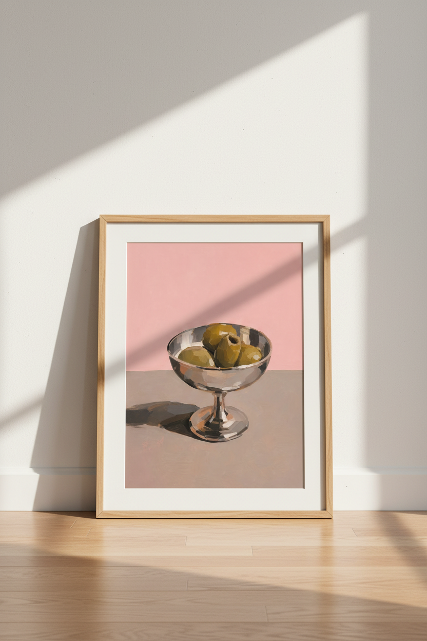 Olive Oil Painting Print | Modern Kitchen Wall Art | Pink Aesthetic Food Poster