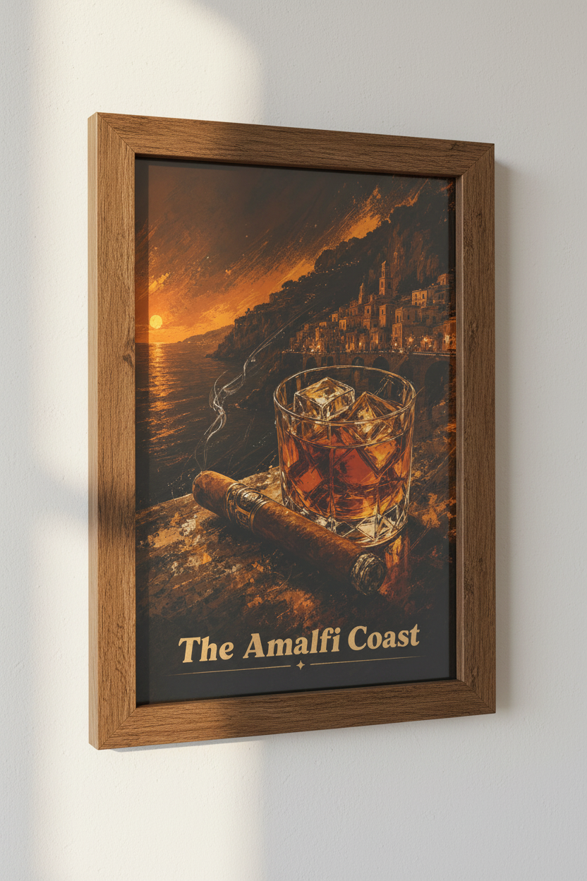 Amalfi Coast Whiskey &amp; Cigar Wall Art | Italy Sunset Poster | Dark Academic Decor