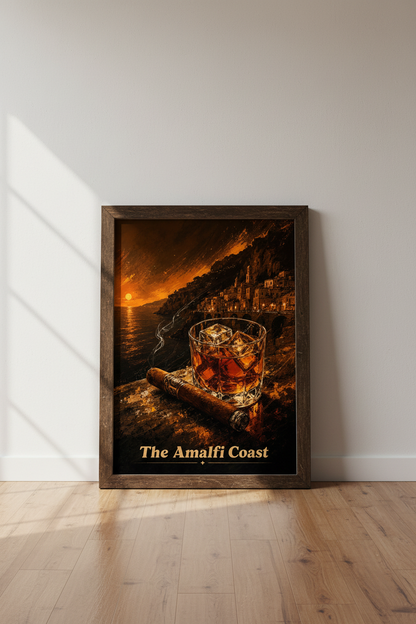 Amalfi Coast Whiskey &amp; Cigar Wall Art | Italy Sunset Poster | Dark Academic Decor