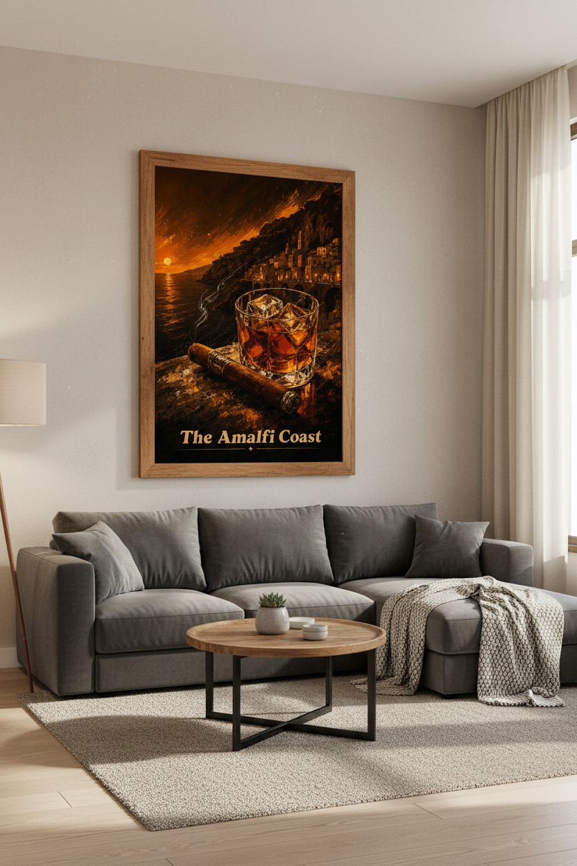 Amalfi Coast Whiskey &amp; Cigar Wall Art | Italy Sunset Poster | Dark Academic Decor
