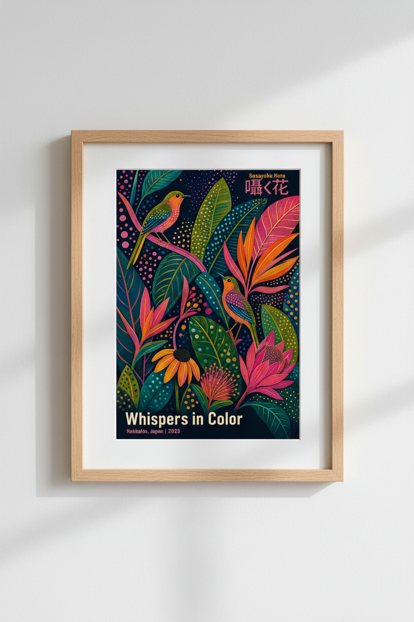 Tropical Wall Art | Colorful Japanese Botanical Print, Floral Bird Poster