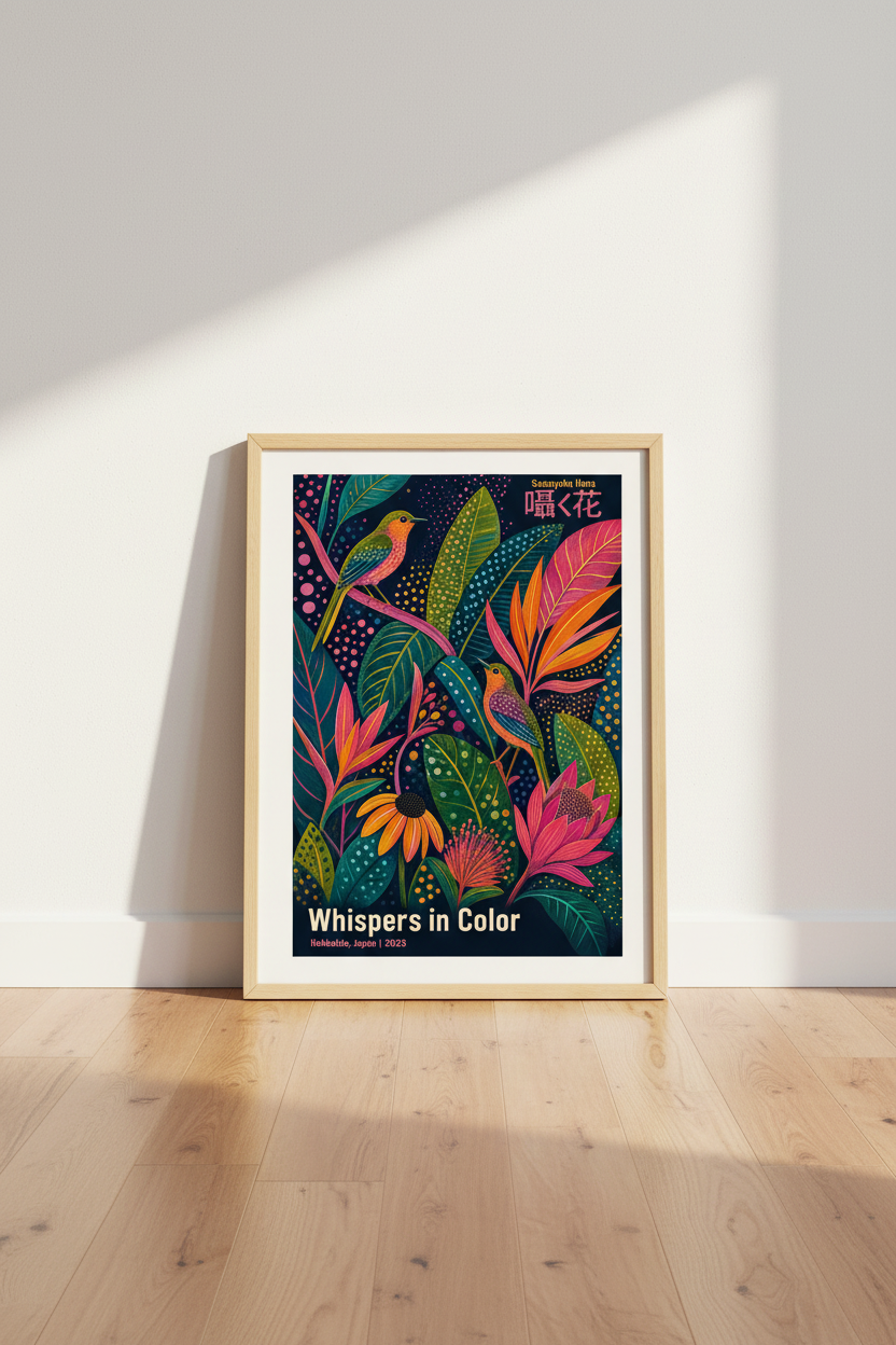 Tropical Wall Art | Colorful Japanese Botanical Print, Floral Bird Poster