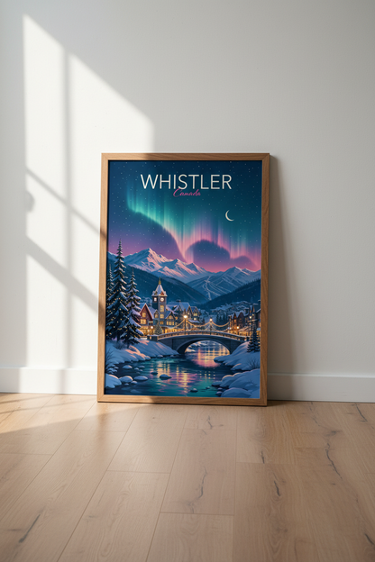 Whistler Canada Northern Lights Art | Snowy Mountain Village, Cabin Decor Poster