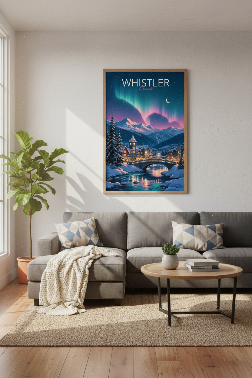 Whistler Canada Northern Lights Art | Snowy Mountain Village, Cabin Decor Poster