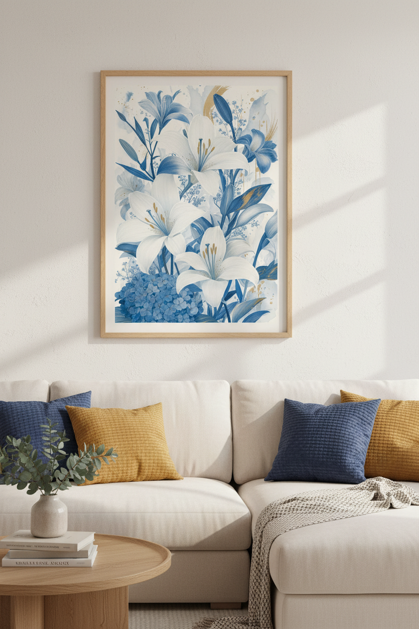 Blue Lily Floral Wall Art Print | Bedroom Decor | Modern Botanical Poster