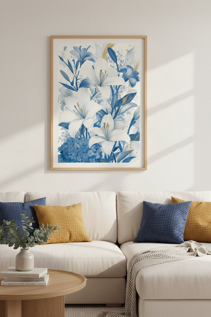 Blue Lily Floral Wall Art Print | Bedroom Decor | Modern Botanical Poster