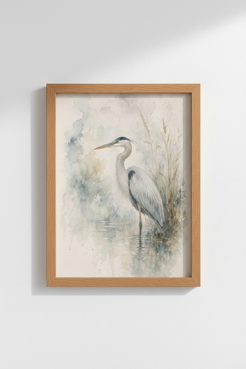 Heron Watercolor Art Print | Coastal Blue Bird Poster, Lake house Decor