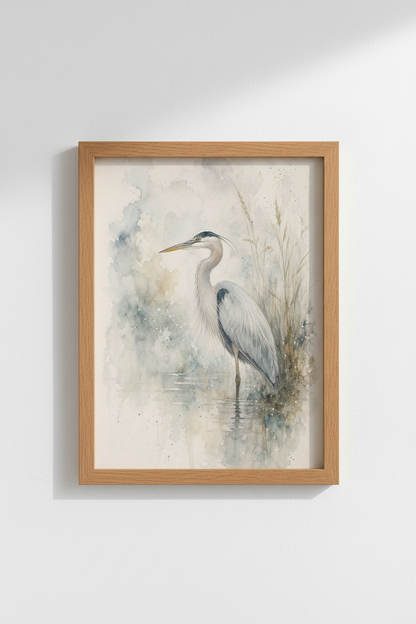 Heron Watercolor Art Print | Coastal Blue Bird Poster, Lake house Decor