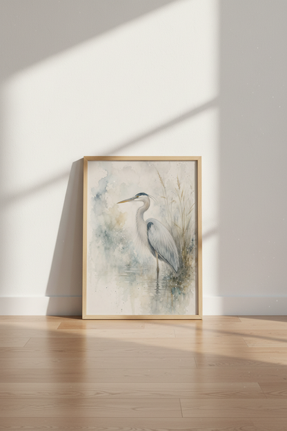 Heron Watercolor Art Print | Coastal Blue Bird Poster, Lake house Decor