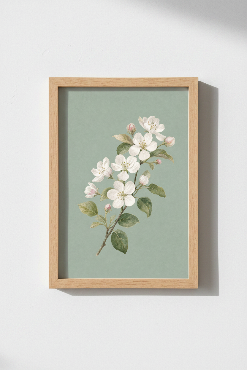 Apple blossom art | Vintage watercolor, sage green | Living room decor