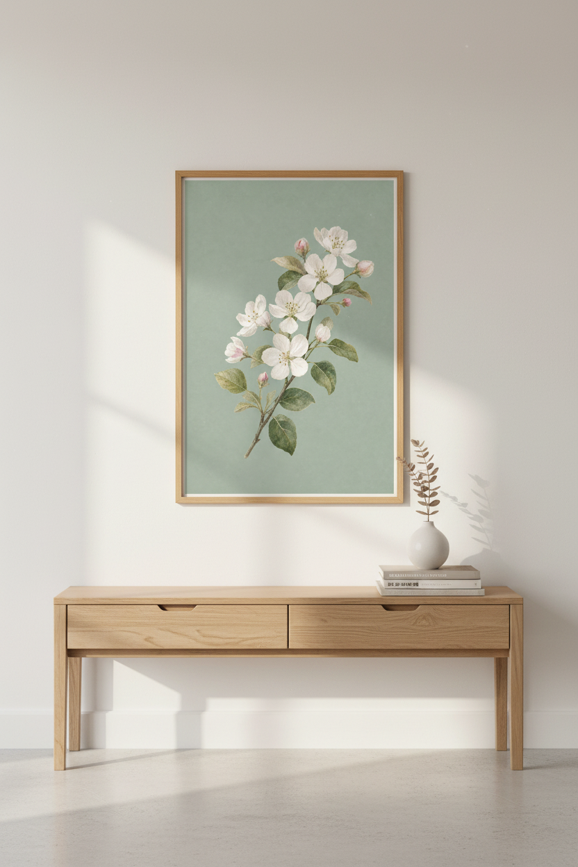 Apple blossom art | Vintage watercolor, sage green | Living room decor