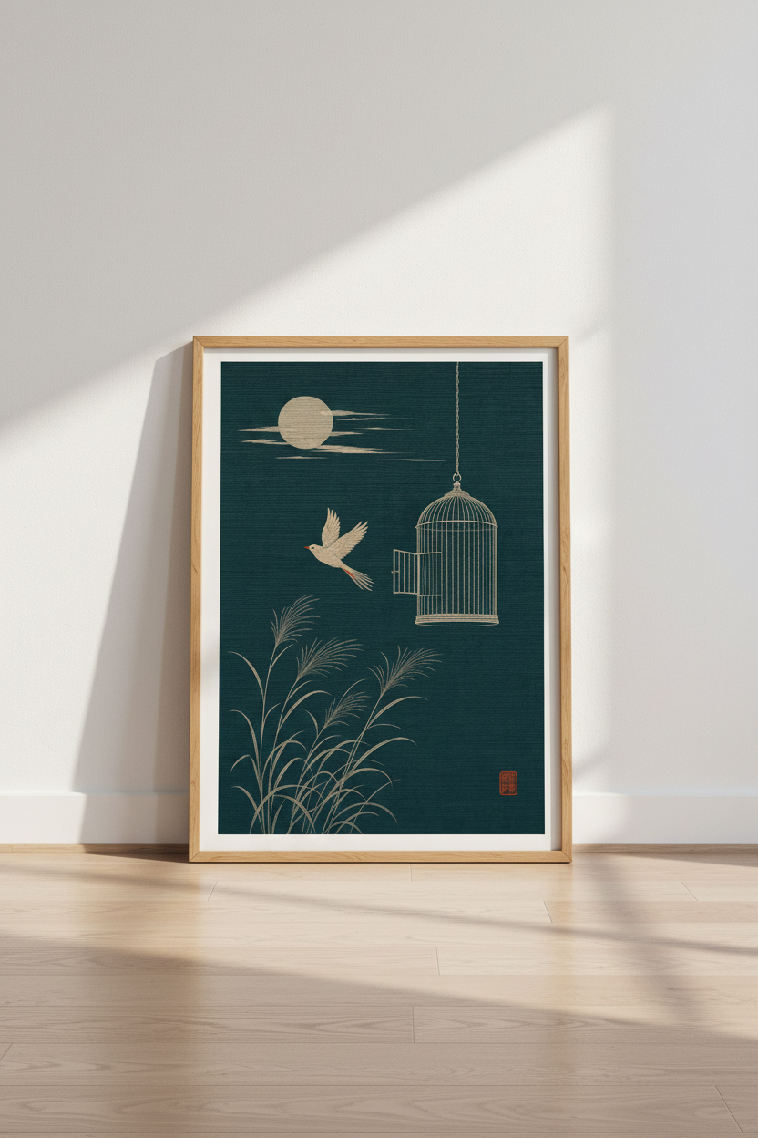 Japanese Bird Caged Moon Wall Art Print | Bedroom Decor | Zen Ukiyo-e Poster