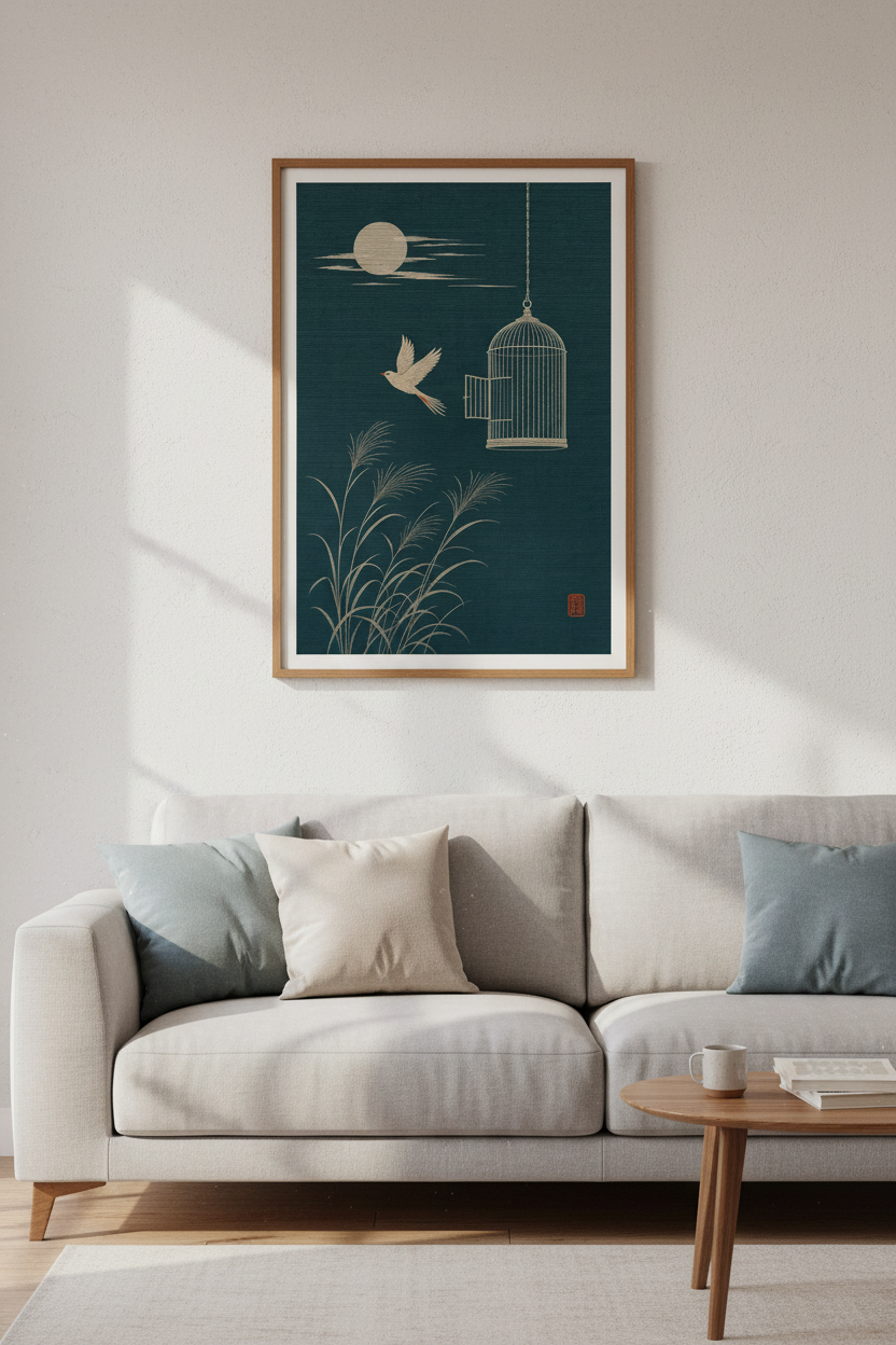Japanese Bird Caged Moon Wall Art Print | Bedroom Decor | Zen Ukiyo-e Poster