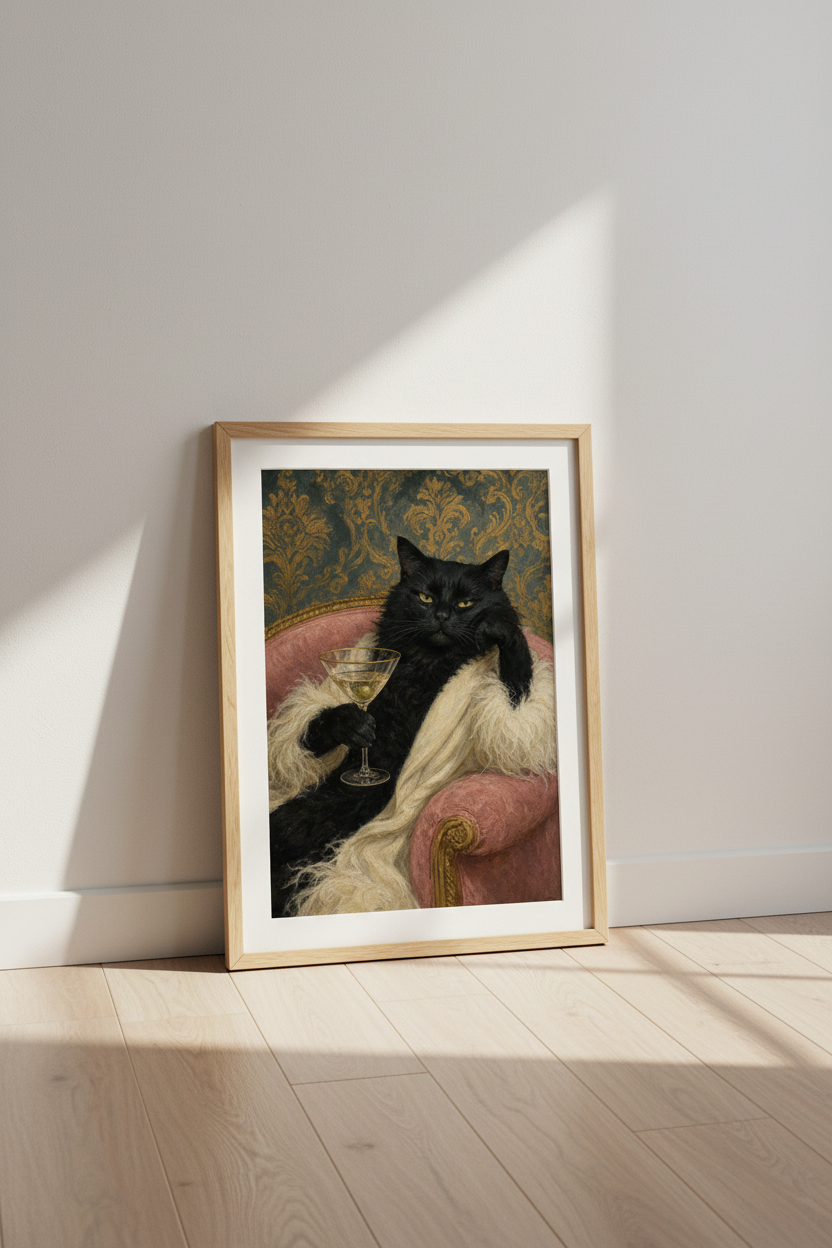 Maximalist Cat Art Print | Black Cat Martini Poster, Dark Academia Decor