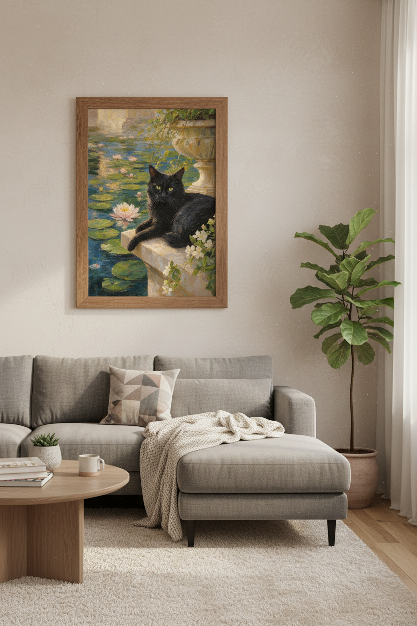 Black Cat Water Lily Pond Wall Art | Impressionist Garden Decor | Dark Aesthetic Poster