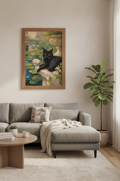 Black Cat Water Lily Pond Wall Art | Impressionist Garden Decor | Dark Aesthetic Poster
