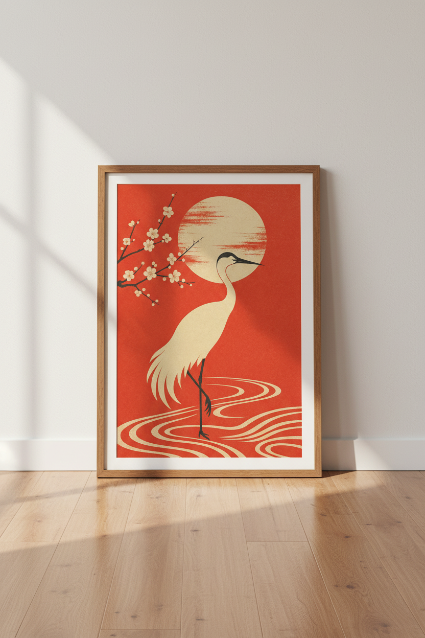 Japanese Crane Wall Art | Red Sun &amp; Blossom Poster, Zen Home Decor