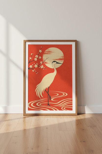 Japanese Crane Wall Art | Red Sun &amp; Blossom Poster, Zen Home Decor