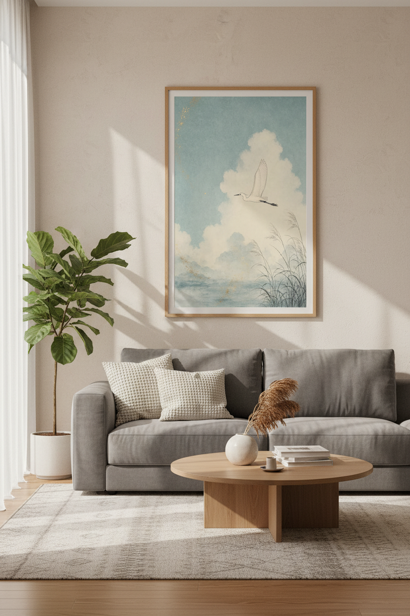 Flying Egret Bird Wall Art | Blue and Gold Japanese Style | Zen Home Decor Poster