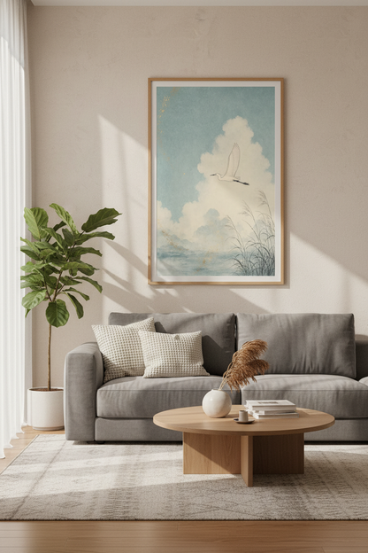 Flying Egret Bird Wall Art | Blue and Gold Japanese Style | Zen Home Decor Poster